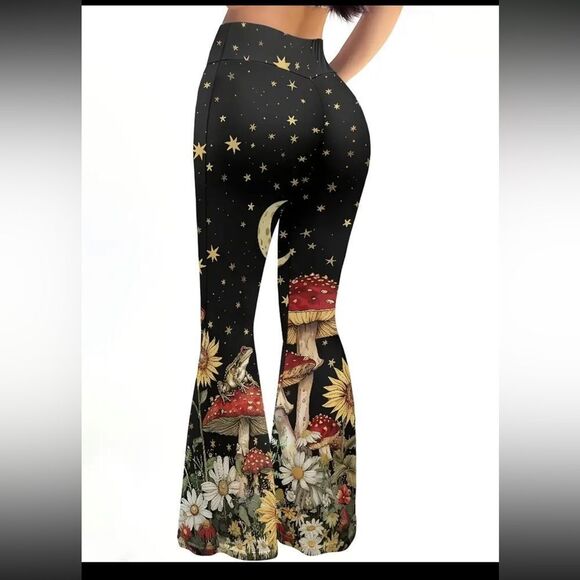 Celestial Black Flare Pants with Mushroom and Floral Art - Picture 6 of 10